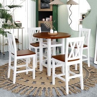 5-Piece Round Counter Height Kitchen Dining Table Set with Shelf - Bed ...