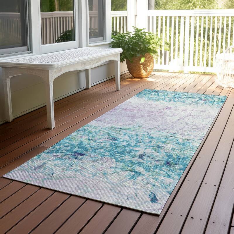 Machine Washable Indoor/ Outdoor Abstract Scribble Chantille Rug - Teal - 2'3" x 7'6"