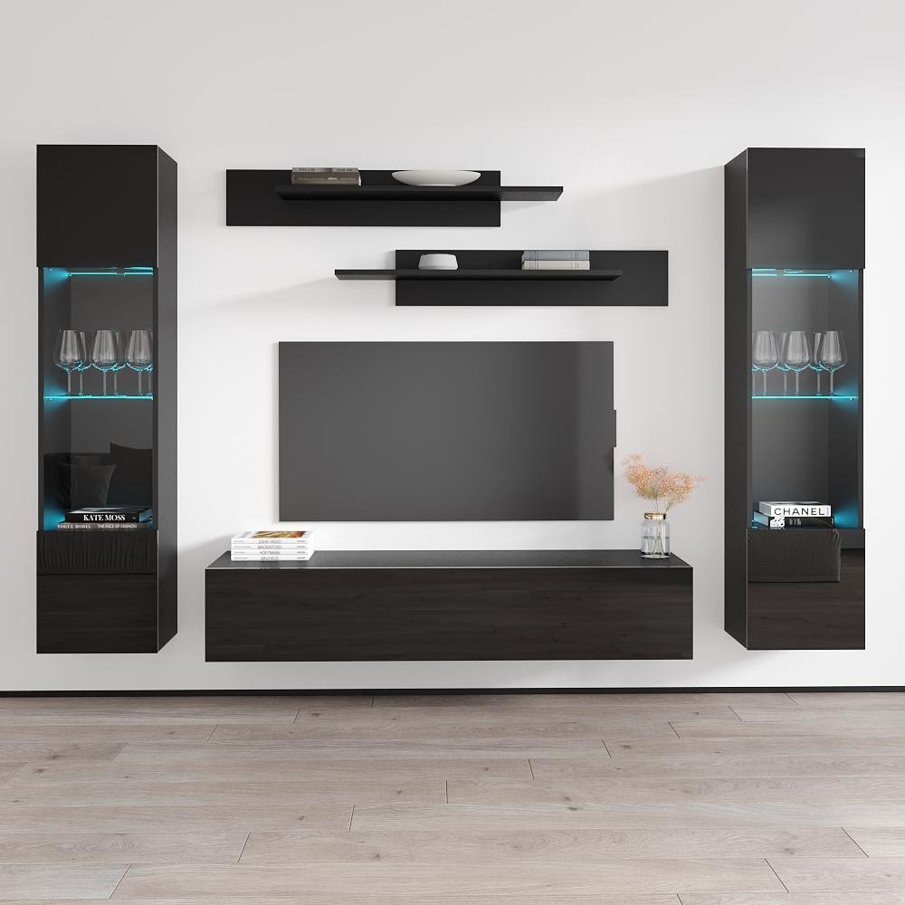 Meble Furniture Fly AB3 5-Piece Wall-Mounted Entertainment Center with LED Accents, 102"W x 67"H x 15.75"D for up to 70" TVs