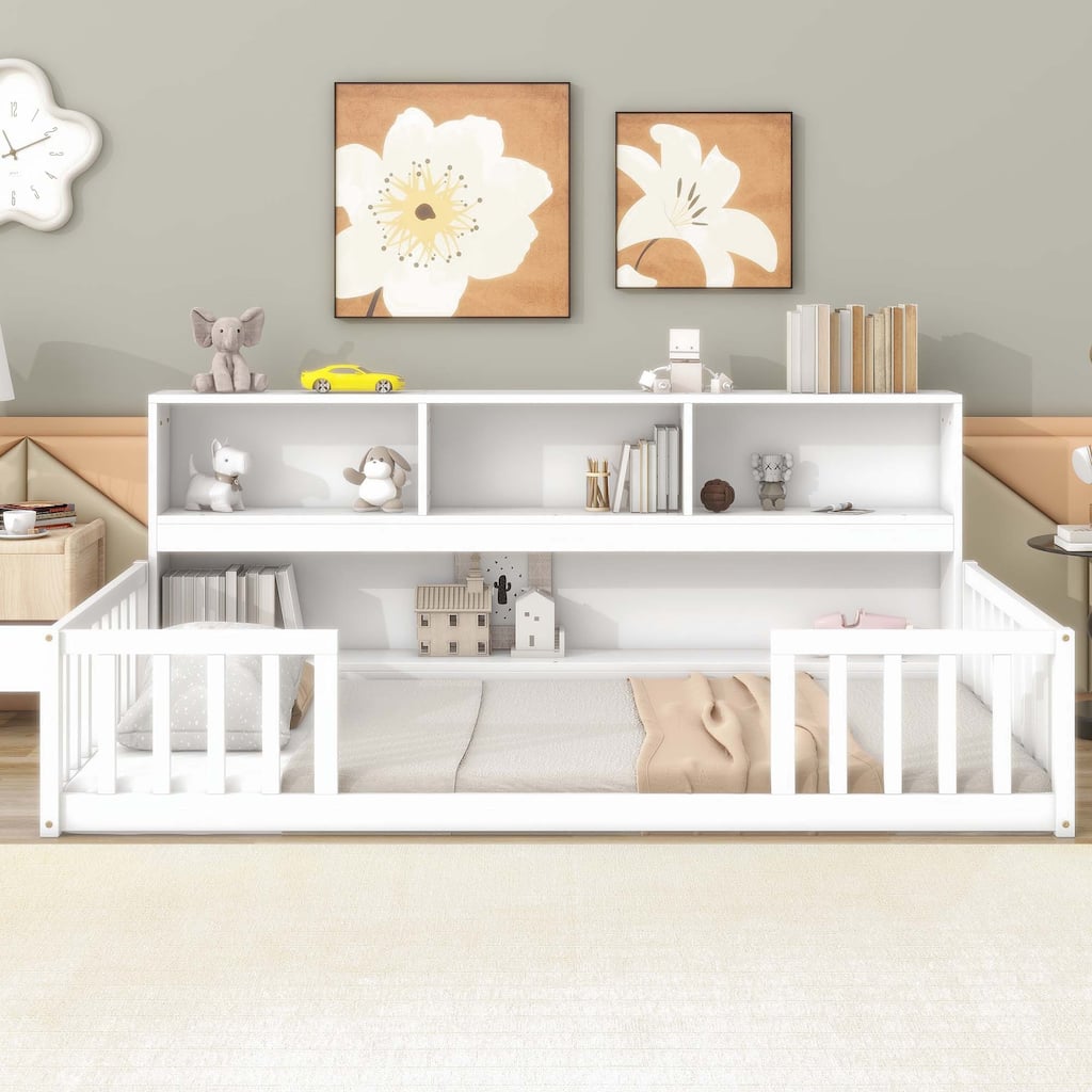 Floor Bed with Bedside Bookcase,Shelves,Guardrails