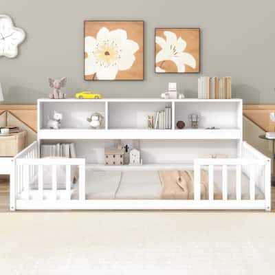 Twin Floor Bed with Bedside Bookcase and Guardrails