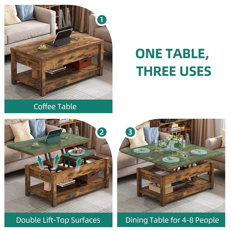 Moasis Lift Top Coffee Table Extendable Tabletop with Hidden Storage and Shelves
