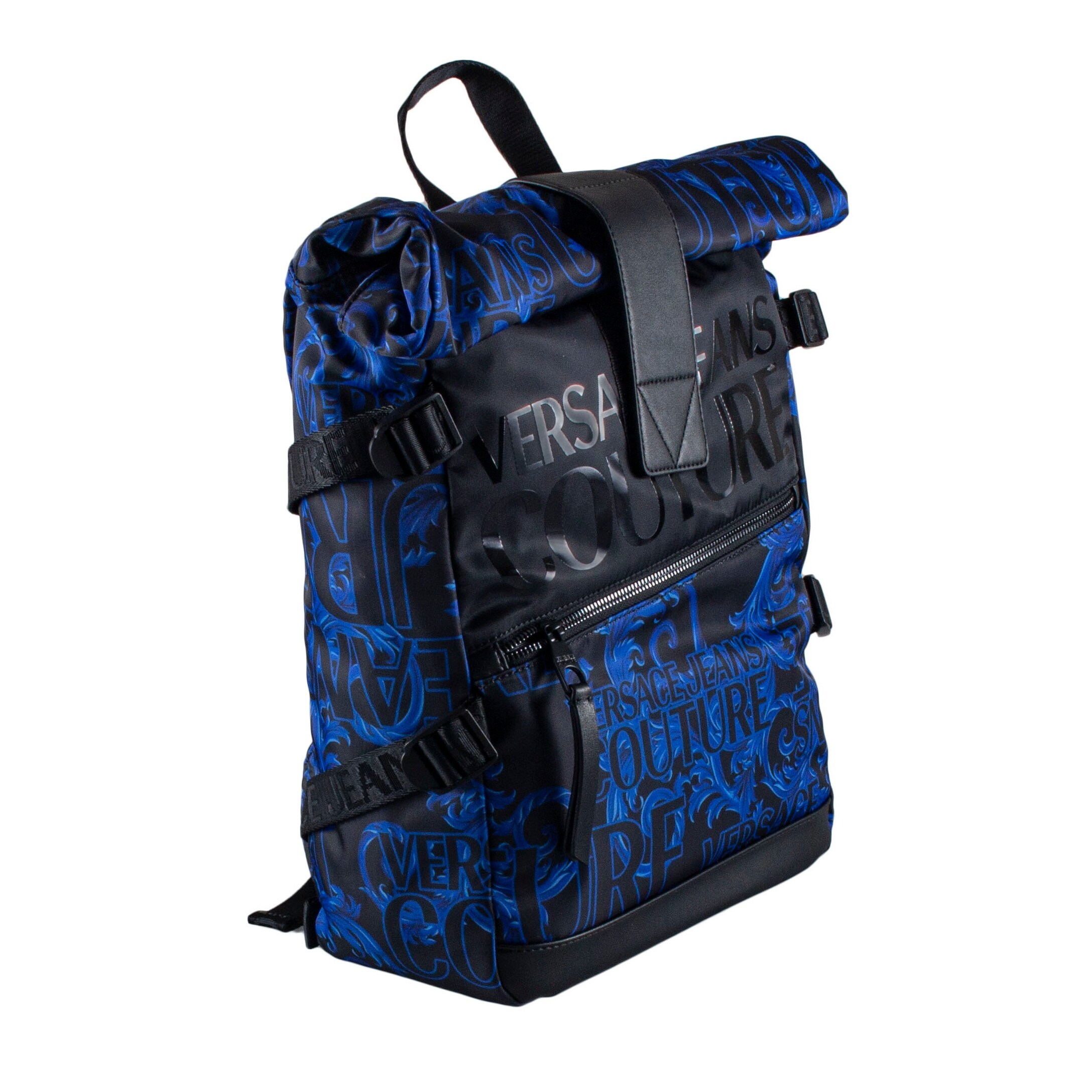 blue and black versace backpack