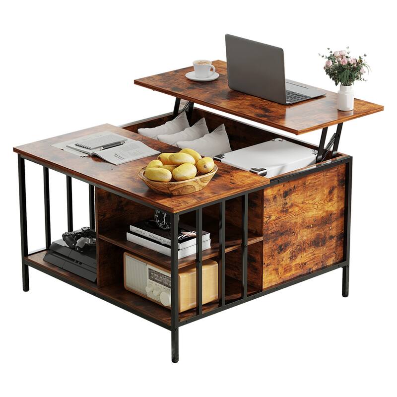 Rustic Lift-Top Coffee Table‌ – 31.5" Adjustable Height With Hidden Storage & 3 Shelves, 110Lb Capacity, Easy-Clean Surface . - Black