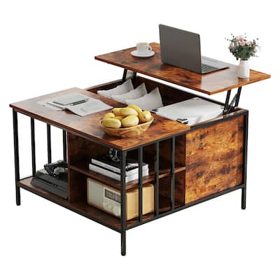 Rustic Lift-Top Coffee Table‌ – 31.5" Adjustable Height With Hidden Storage & 3 Shelves, 110Lb Capacity, Easy-Clean Surface .
