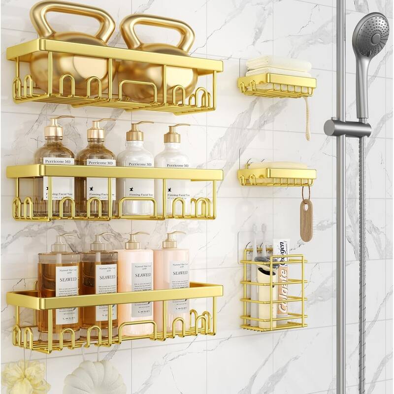 6-Pack Stainless Steel Shower Shelves, Large-Capacity Bathroom Organization and Storage. - Gold