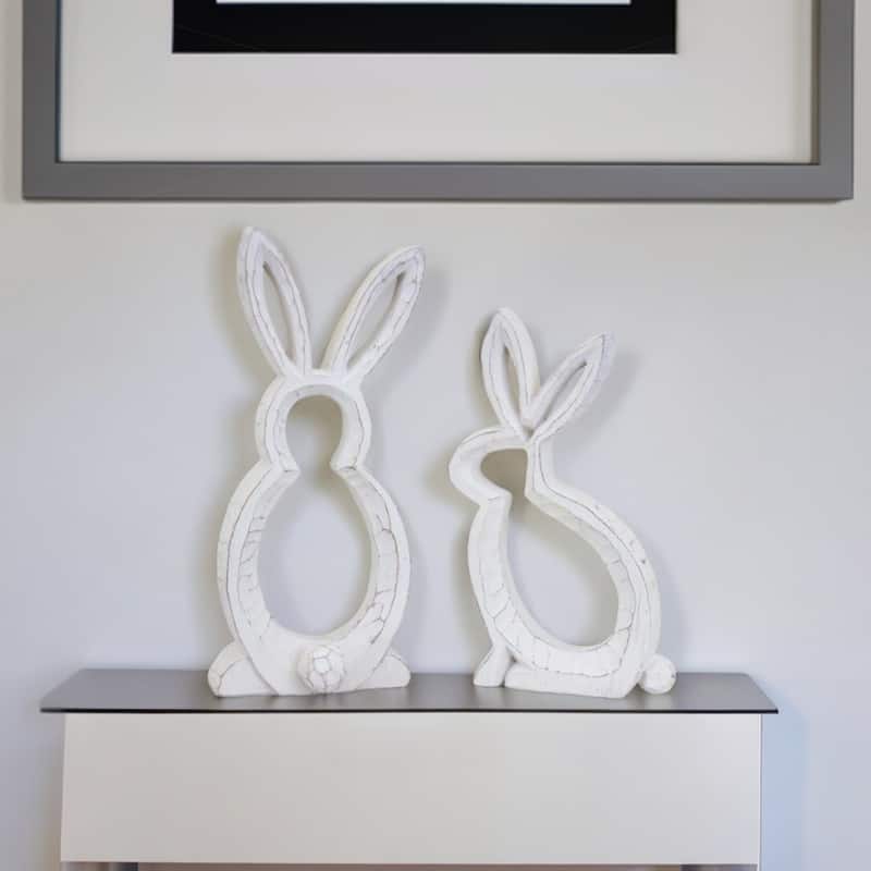 HomeRoots Set of Two White Distressed Rabbit Silhouette Tabletop Sculptures - 4.75' X '10.75' X '2.5 - 4.75' X '10.75' X '2.5