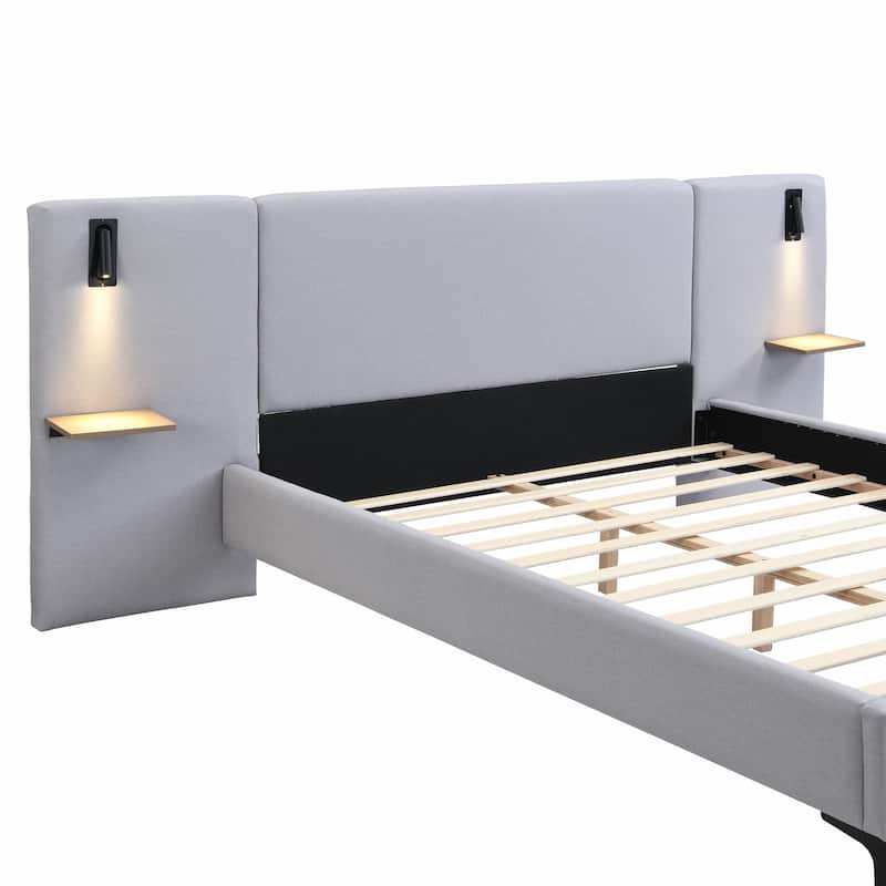 Chic Bouclé Upholstered Bed with Integrated Lighting and Shelves
