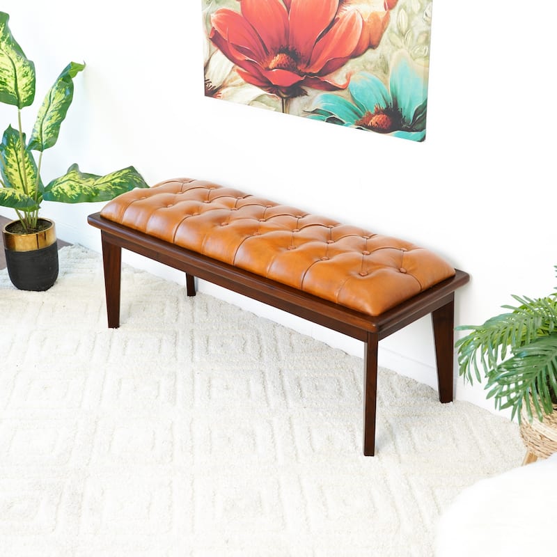 Harrington Genuine Leather Bench w/Buttons in Tan - Tan