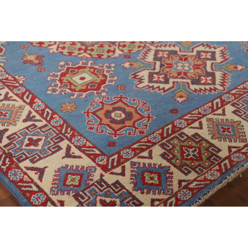 Blue Geometric Kazak Oriental Area Rug Handmade Wool Carpet - 4'10" x 6'7"
