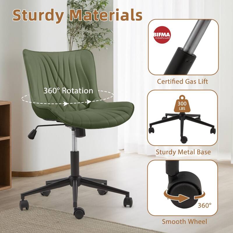 EROMMY Armless Office Chair with Wheels, Adjustable Swivel Modern Faux Leather Vanity Chair with Backrest, Ergonomic Rocking