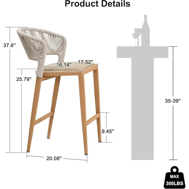 PURPLE LEAF Bar Stool Set of 2 Outdoor Rattan Bar Chair with Back Metal Bar Height Stool Wicker Barstool Dark Grey - N/A
