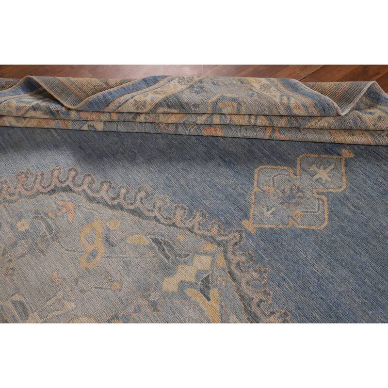Vegetable Dye Oushak Oriental Area Rug Hand-Knotted Blue Wool Carpet - 9'4"x 12'7"