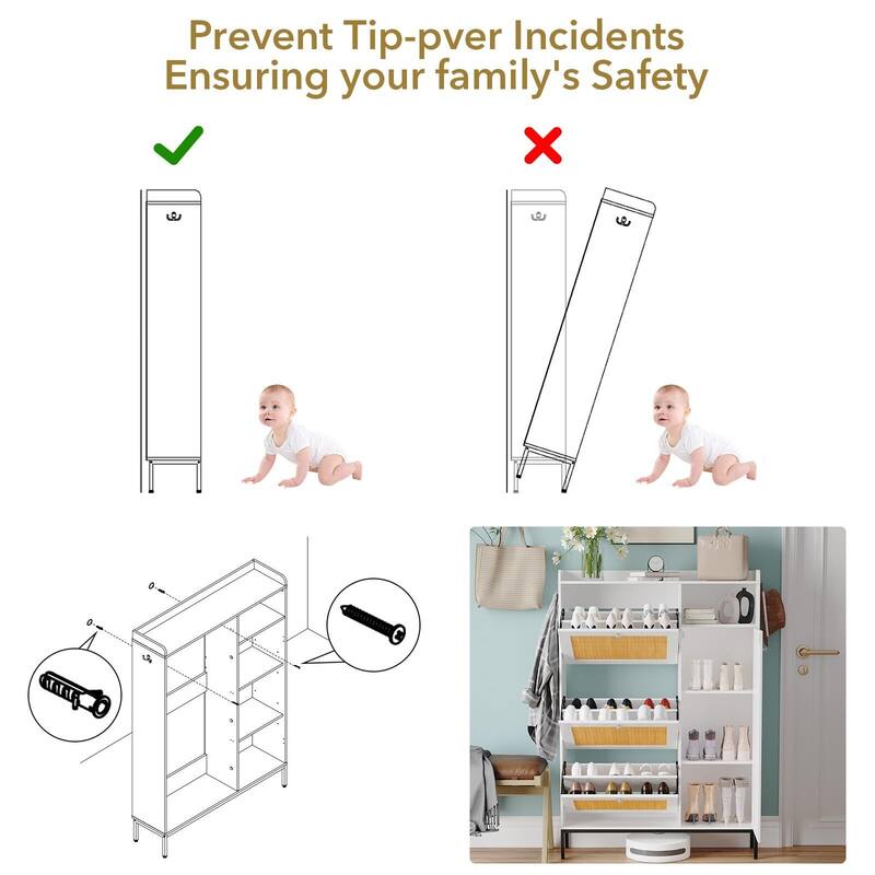3-Tier Shoe Storage Cabinet with Rattan Doors and Adjustable Compartments