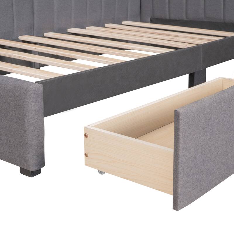 Grey Linen Twin Upholstered Daybed with Storage Drawers - No Box Spring Required