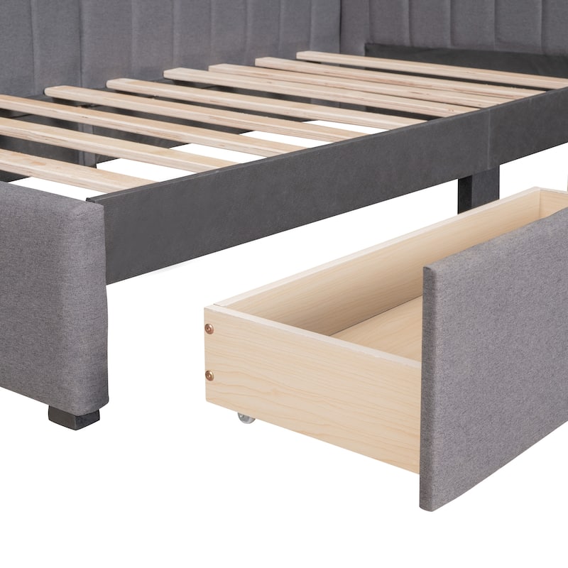 Semi-Closed Platform Bed Twin Size Upholstered Daybed with Storage Drawers, Linen Fabric Sofa Bed Frame with Wood Slat Support