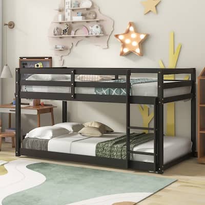 Low Bunk Beds for Kids, Twin Over Twin Floor Bunk Bed, Solid Wood Bunk Bed Frame with Built-in Ladders and Guard Rail