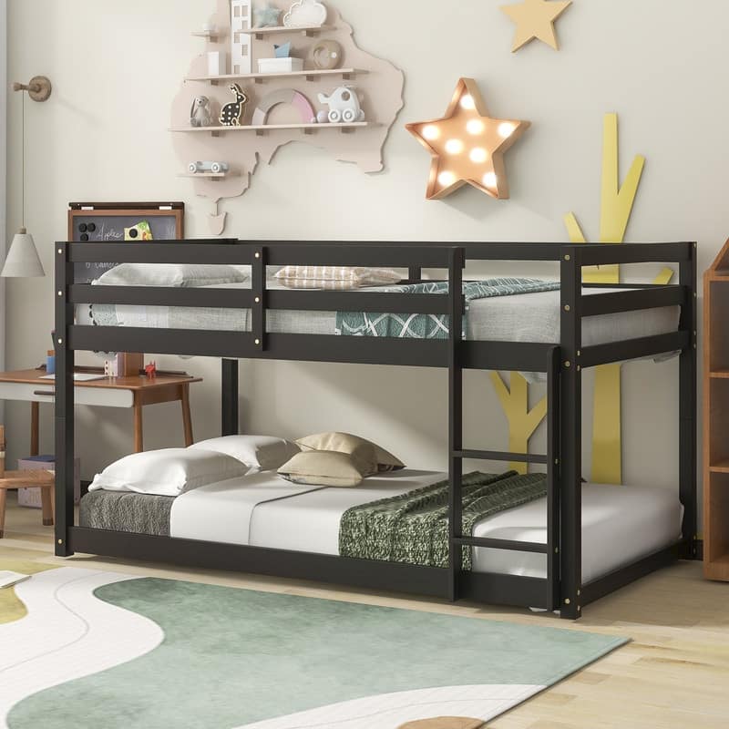 Low Bunk Beds for Kids, Twin Over Twin Floor Bunk Bed, Solid Wood Bunk Bed Frame with Built-in Ladders and Guard Rail