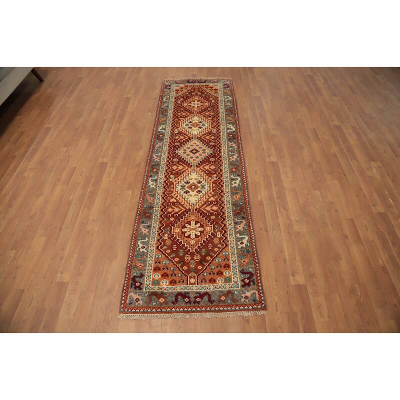 Hand Knotted Oriental 100% Wool Carpet Traditional Geometric Oranges & Rust Viss Runner Rug - 8' 3'' X 2' 7''