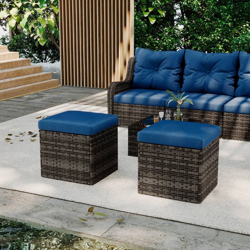 Outdoor Patio PE Wicker Ottoman with Cushion Set of 2