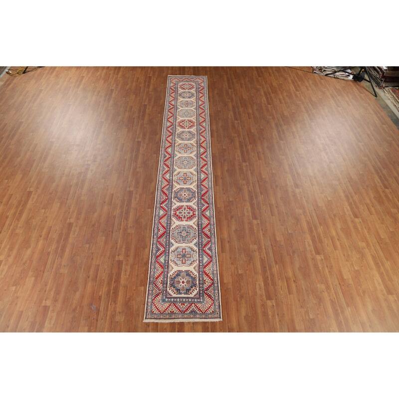 Kazak Runner Rug Hand-Knotted Wool Carpet - 2'5" x 15'2"