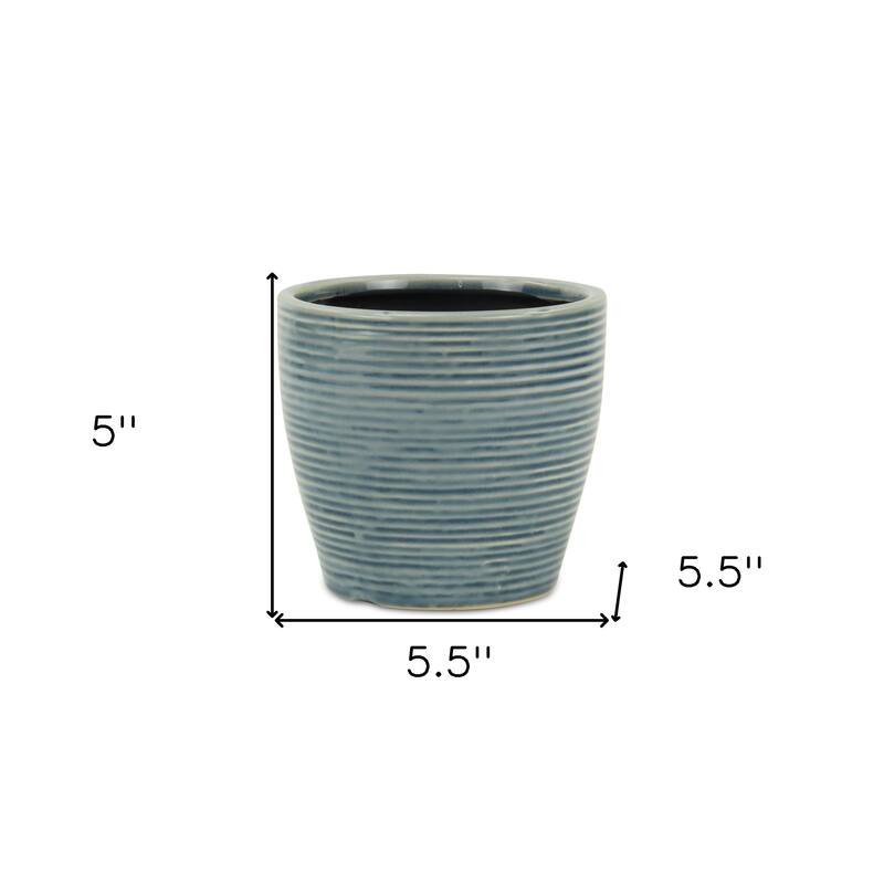 HomeRoots 6" Blue Striped Ceramic Indoor Outdoor Round Pot Planter