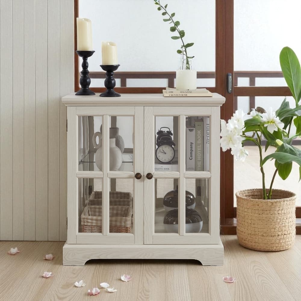 LED Lighted Curio Display Cabinet with Adjustable Shelves, Retro Glass Showcase and Lattice Doors