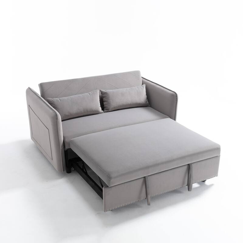 3 in 1 Convertible Sleeper Futon Sofa Bed, 55" Grey Velvet Loveseat with 2 Pillows, Reclining Backrest, Side Pockets