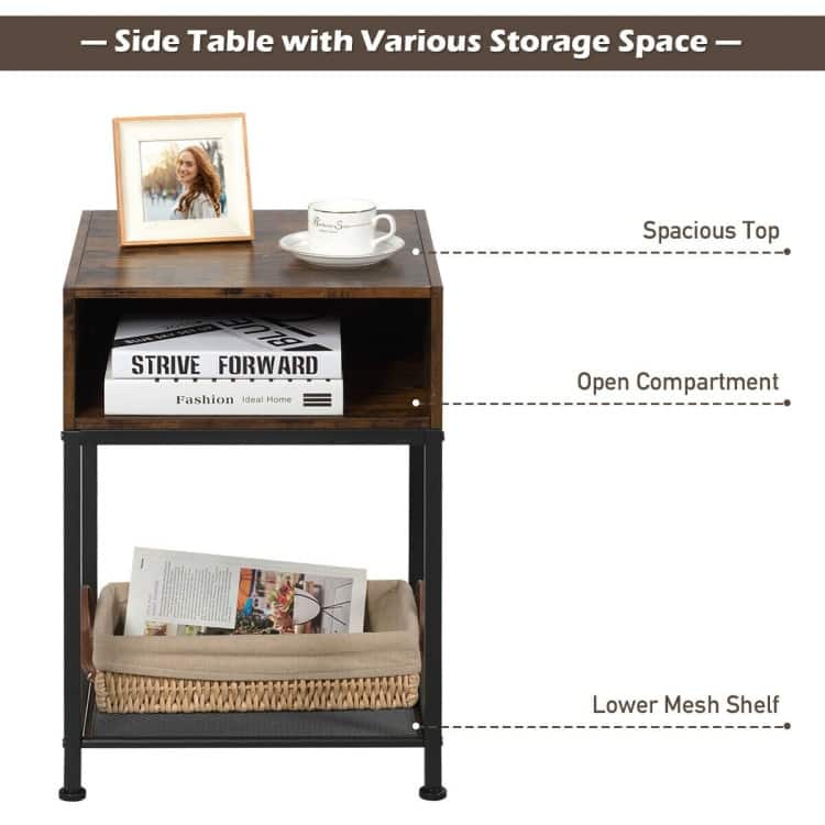 Industrial Nightstand End Side Table with Mesh Shelf - 16'' x 16''W x 23''(L x W x H)
