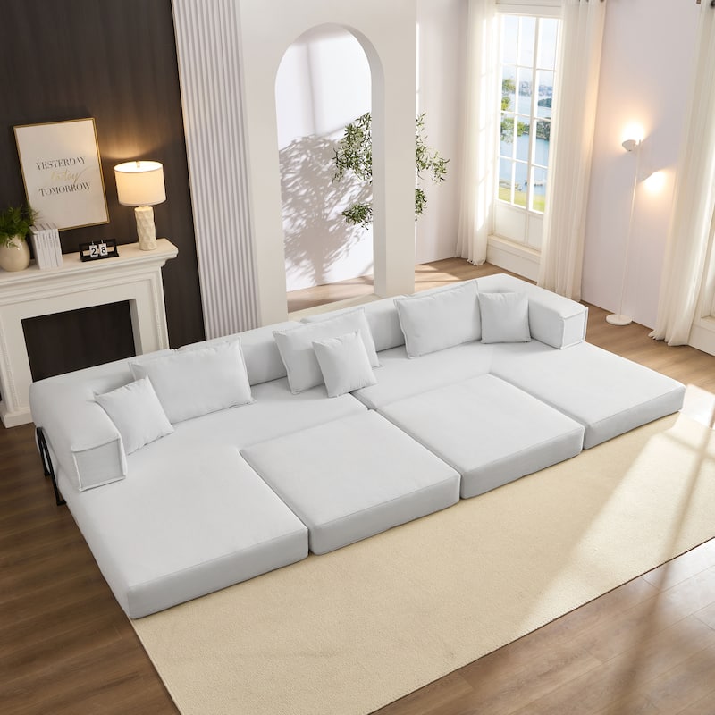 DIY Modular Corduroy L-Shaped Floor Sofa Set with 6 Pillows