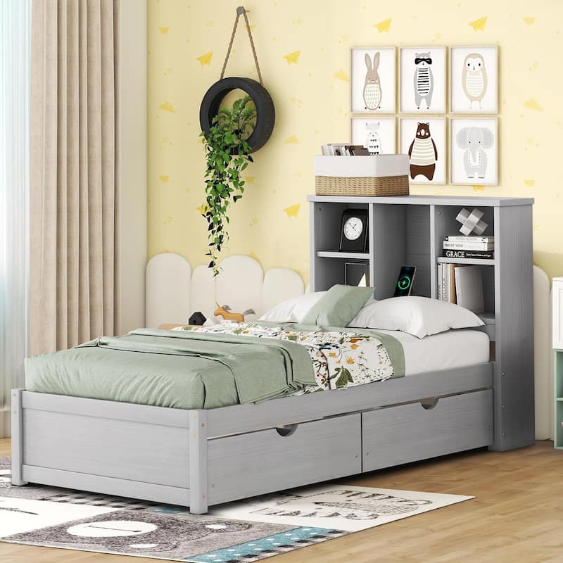 Contemporary Multifunctional Twin Size Wooden Platform Bed Frame - Grey