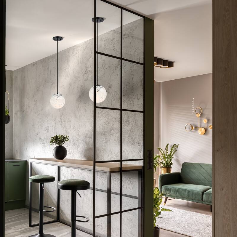 Neva 60 Watt 1-Light Matte Black Globe Pendant Light with White Art Glass Shade - 7.75