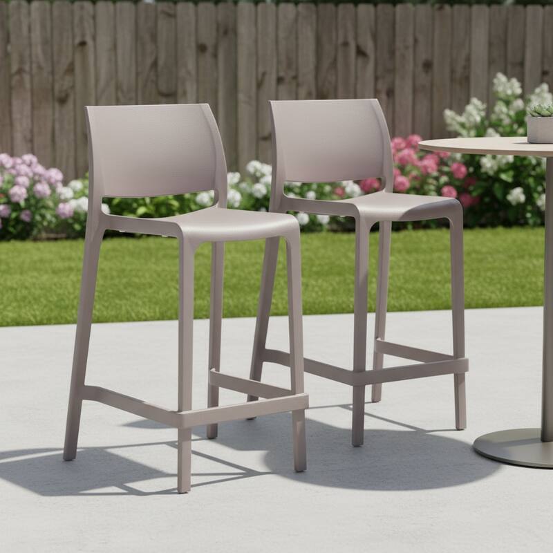 HomeRoots Set of Two 26" Taupe Heavy Duty Plastic Low Back Outdoor Counter Height Bar Chairs
