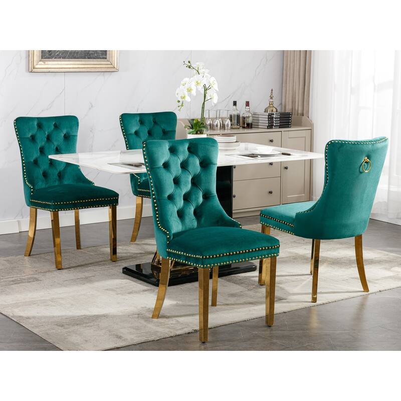 Set of 2 Velvet Dining Chairs with Nailhead Trim and Gold-Plated Legs