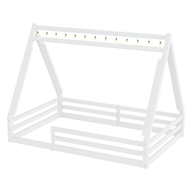 Full/Twin House Floor Bed with Tent, LED Light & Guardrails