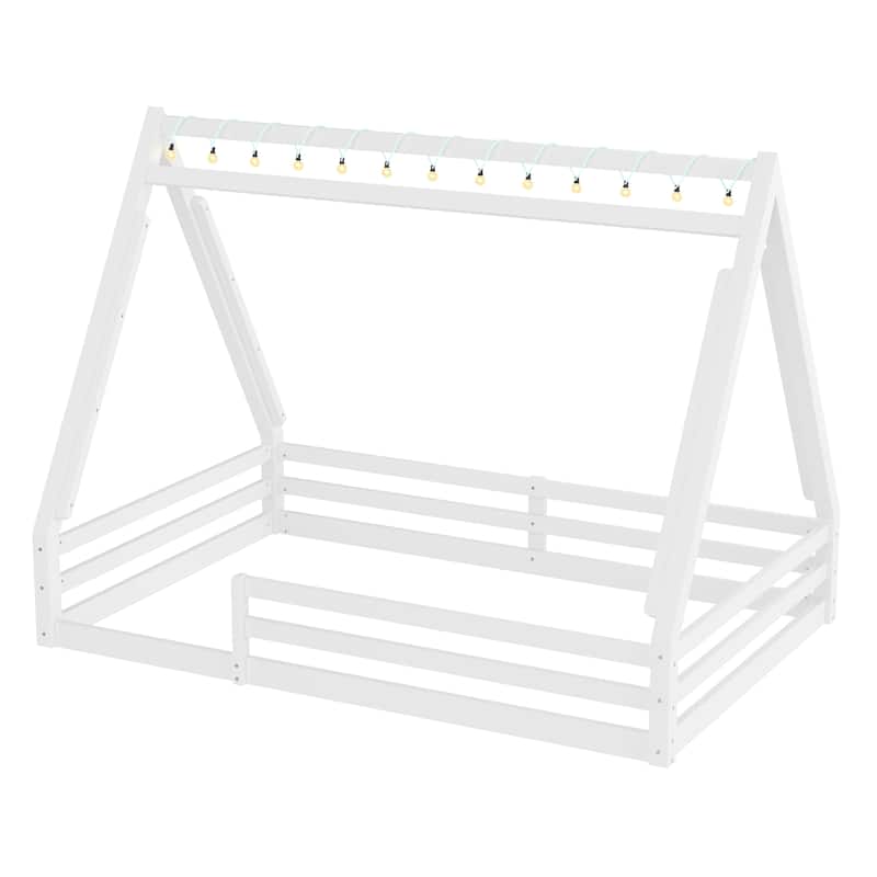 Teepee Montessori Bed for Toddlers, House-shaped Platform Bed Kids Playful Floor Bed with Tent, Sunroof and Light Strip