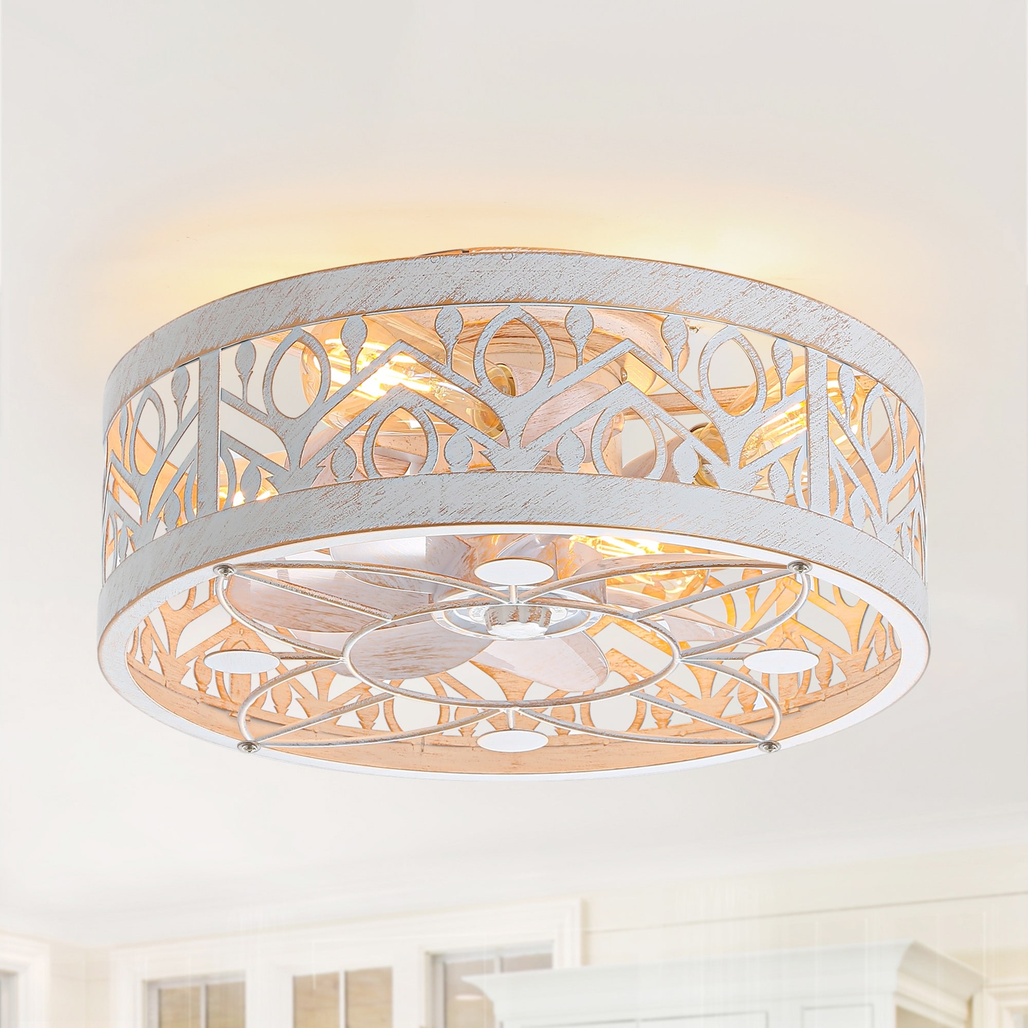 16.5"/19"/20"/23.6" Vintage Distressed White Low Profile Ceiling Fan with Remote (7/6-Blade)