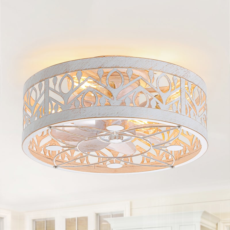 16.5"/19"/20"/23.6" Vintage Distressed White Low Profile Ceiling Fan with Remote (7/6-Blade) - 16.5-inch - Distressed White-Classic Modern