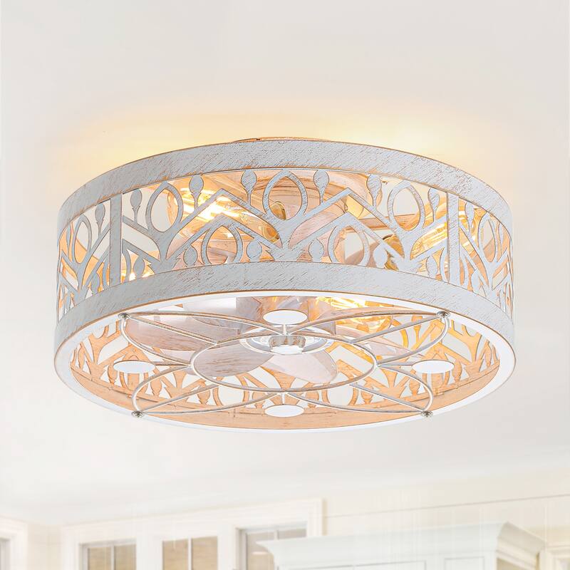 16.5in Vintage Distressed White Flush Mount Caged Ceiling Fan with Remote Light(7-Blade) - Style-1 - Remote