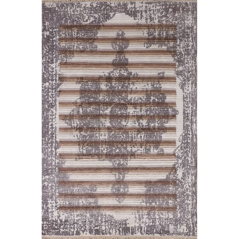 Striped Modern Abstract Rug Hand-Knotted Wool Carpet - 3'11"x 5'11"