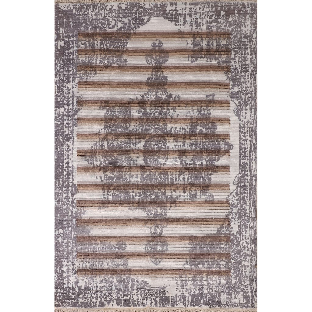 Striped Modern Abstract Rug Hand-Knotted Wool Carpet - 3'11"x 5'11"