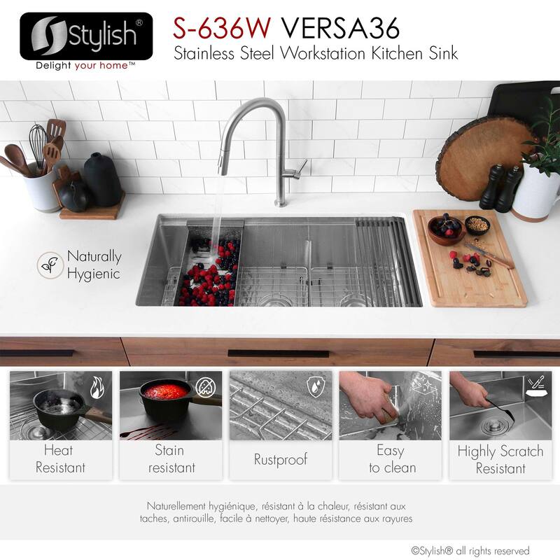 Stylish Versa36 Undermount 36" Double-Bowl Workstation Kitchen Sink - 36"x19"x10"