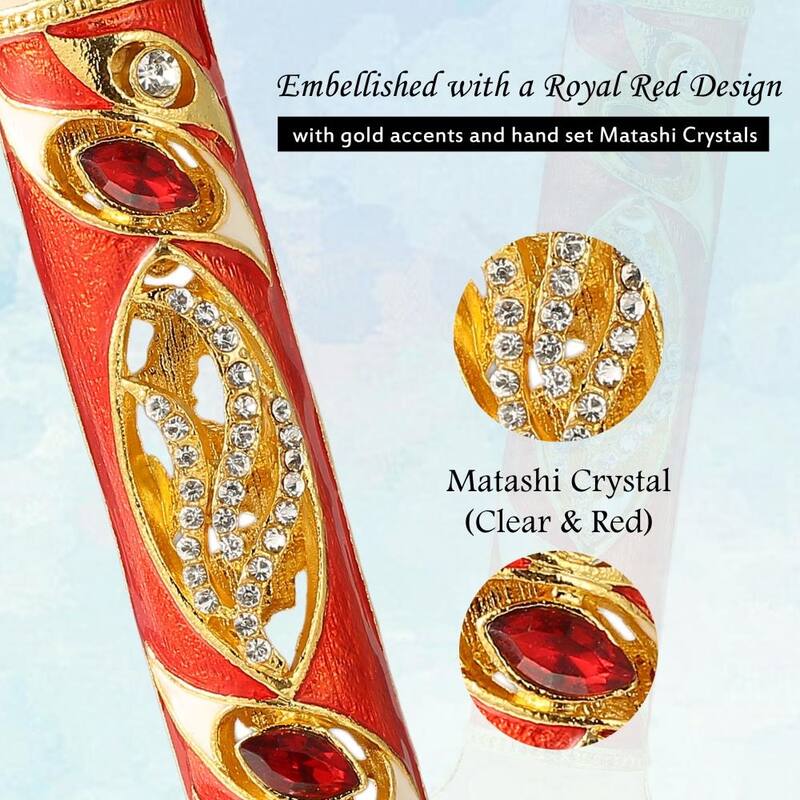 Matashi 4.5" Hand Painted Enamel Mezuzah Embellished with a Royal Red Design with Gold Accents Red and Clear Crystals