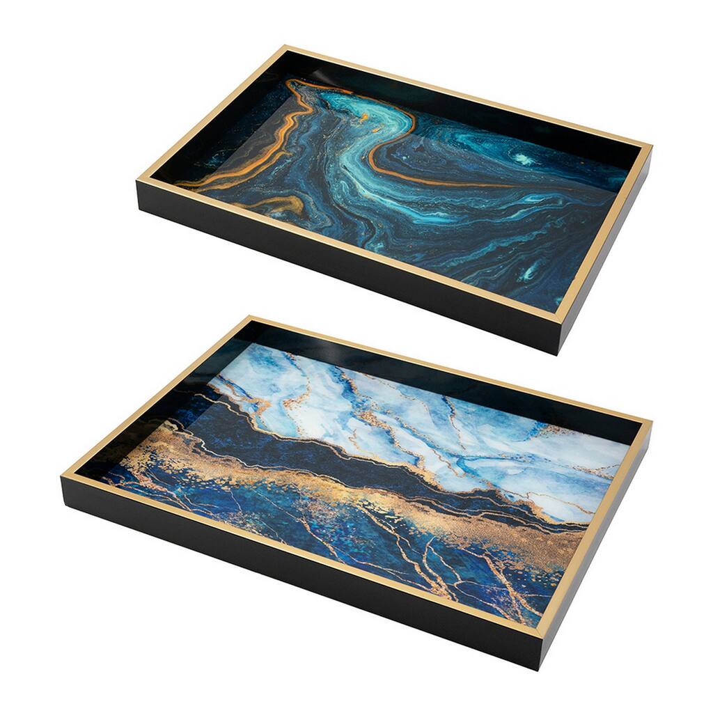 Set of 2 Rectangular Decorative Trays, Tall Rims, Faux Marble, Blue, Gold