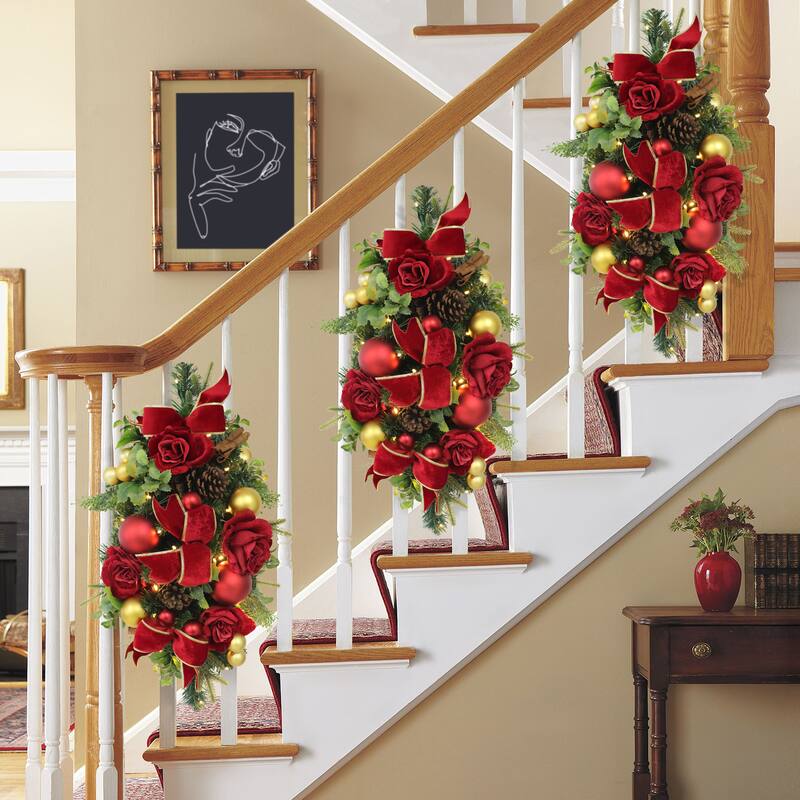 Puleo International 28" Artificial Pre-Lit Adorned Banister Swag Battery-Operated
