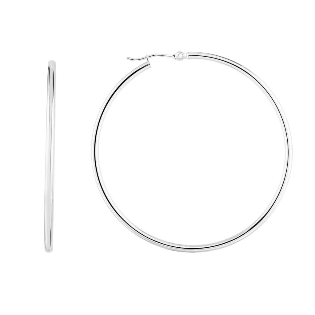 Curata 14k White Gold Shiny 2.0x50mm Round Tube Hoop Earrings - With Hinged Clasp