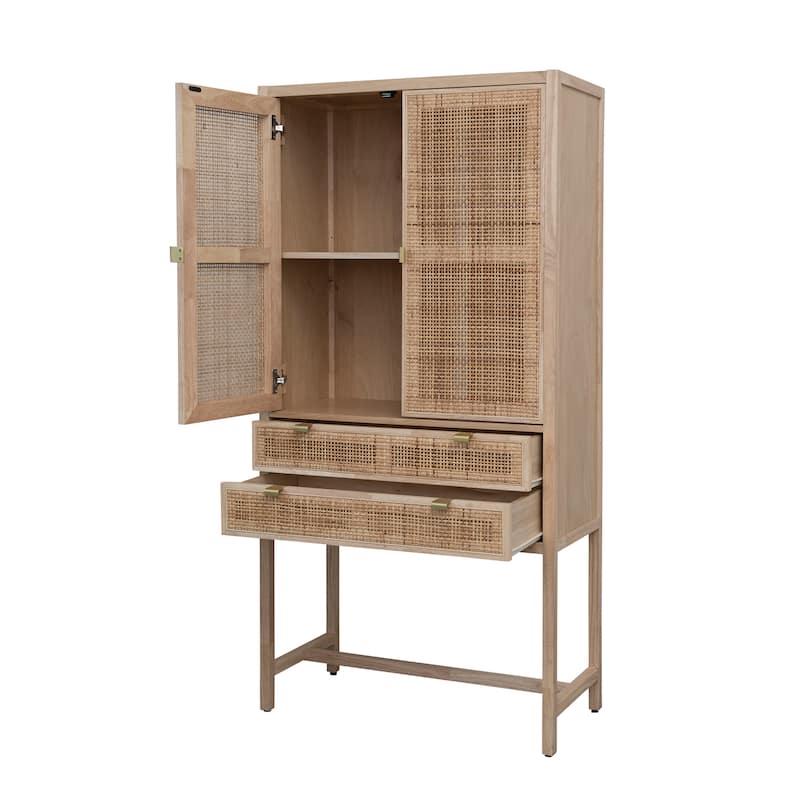 Woven Cane and Wood Cabinet - 33.5"L x 15.7"W x 66.9"H