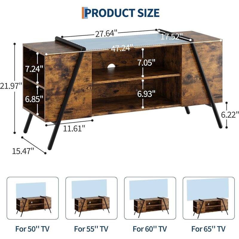 TV Stand, with Adjustable Open Shelves and Slanted Metal Legs
