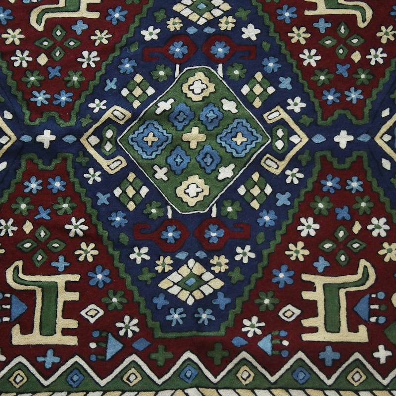Wool chain stitch rug, 'Kashmir Festival' (3x5) - 3' x 5'