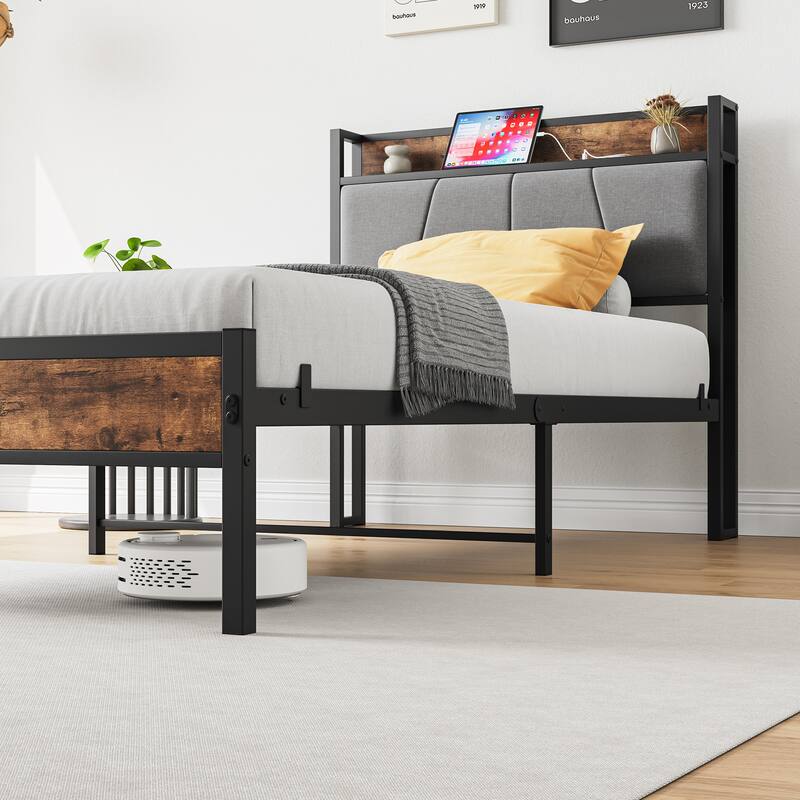Twin Size Bed Frame with Storage Headboard and Charging Station, Solid and Stable, Easy Assembly